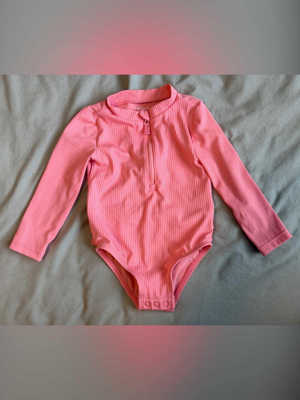 Pink Ribbed Long-Sleeve Baby Swimsuit Rashguard